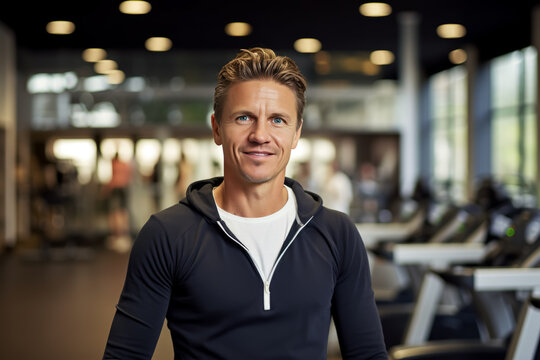 portrait of young muscular man resting in gym while looking at camera. Healthy lifestyle