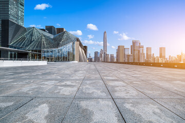 City square and skyline with modern buildings scenery in Shenzhen, Guangdong Province, China.
