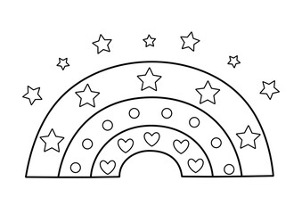 Rainbow with stars in black and white. Magical coloring page for kids. Outline cosmic print. Vector illustration