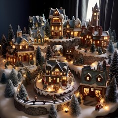 Fototapeta na wymiar Christmas village with houses, trees and lights. 3d illustration.