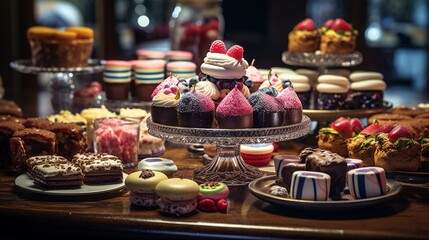 dessert spread with an assortment of cakes, pastries, and chocolates, beautifully arranged on a dessert table
