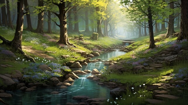 A serene woodland scene in early spring