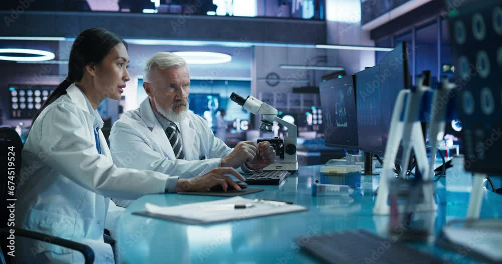 Poster biotechnology medical research center: female asian neurologist using desktop computer and talking t