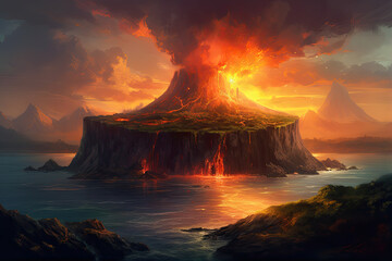 Fototapeta premium Fabulous fantastic tropical landscape with abstract mountains and erupting volcano with burning lava on island in ocean