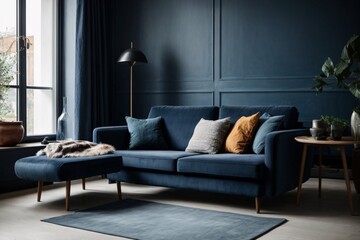 Dark blue sofa and recliner chair in scandinavian apartment. Interior design of modern living room....