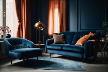 Dark blue sofa and recliner chair in scandinavian apartment. Interior design of modern living room. Generative Ai.