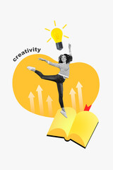 Vertical collage image of excited mini black white effect girl jump big opened book arrows up creativity light bulb above head