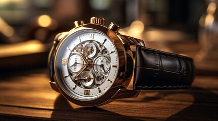 luxury watch placed on a polished wooden table