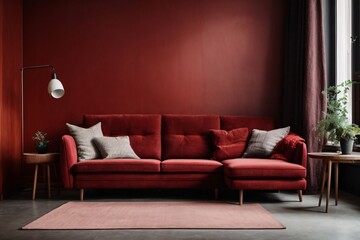Dark red sofa and recliner chair in scandinavian apartment. Interior design of modern living room. Generative Ai.