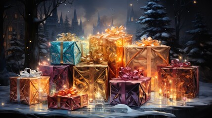 Christmas Card with shiny gift Boxes. AI generating