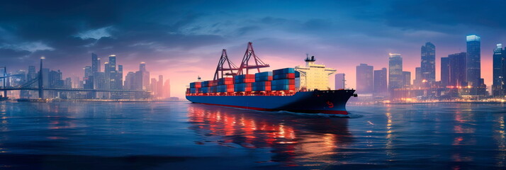 Obraz premium container ship entering a major port at dusk, with the city skyline in the background, symbolizing the urban integration of trade hubs.