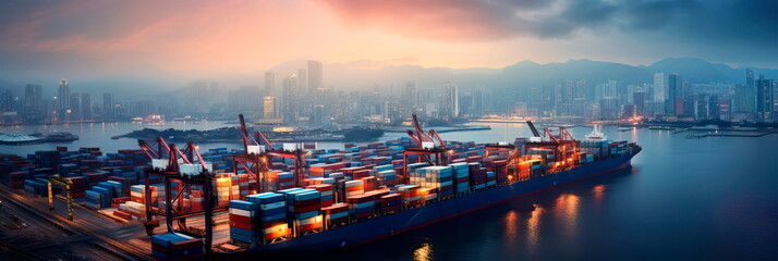 container ship entering a major port at dusk, with the city skyline in the background, symbolizing the urban integration of trade hubs. - obrazy, fototapety, plakaty