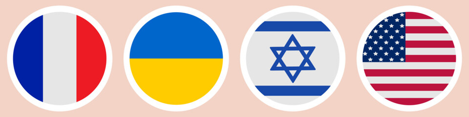 Flags of different countries. A set of stickers on a white background. Collection of vector icons. Isolated background. France, Ukraine, Israel, USA. National symbol of the state. Political topics. 