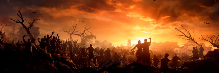 apocalyptic cityscape overrun by creepy zombies emerging from graves.