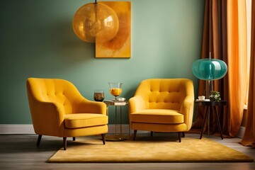 Dark yellow sofa and recliner chair in scandinavian apartment. Interior design of modern living room. Generative Ai.