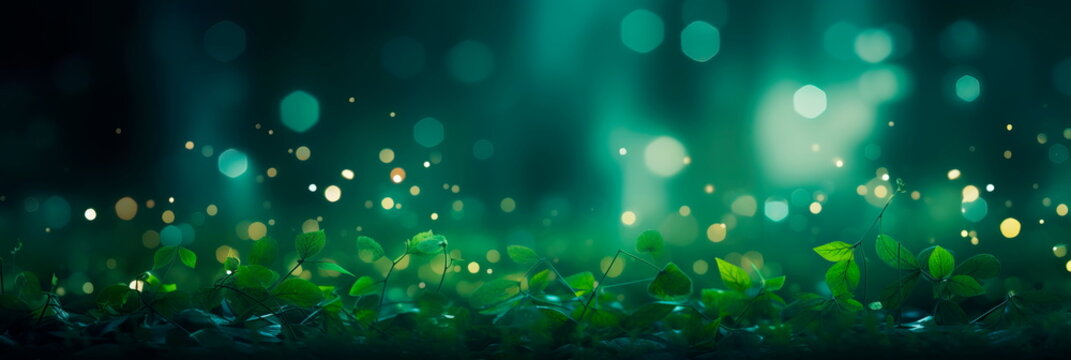 abstract background with bokeh lights in shades of green, evoking a tranquil forest setting.