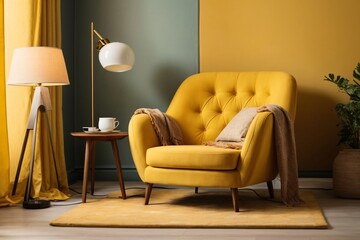 Dark yellow sofa and recliner chair in scandinavian apartment. Interior design of modern living room. Generative Ai.