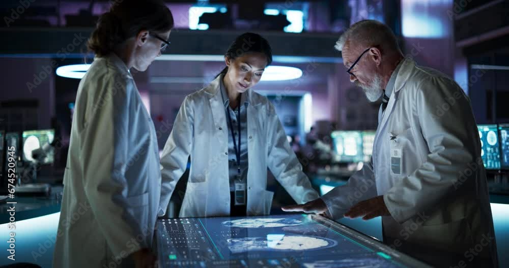 Poster modern hospital medical research center: diverse colleagues gathered around interactive touch screen