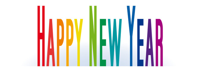The word Happy new year. Vector illustration for banner or header. Colorful text squeezed horizontally and stretched upwards