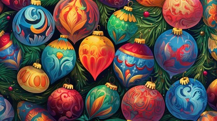 Christmas background with Christmas tree toys on a tree branch. AI generating