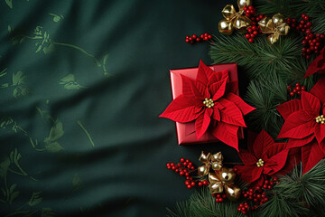 green  christmas background with poinsettia with leaves, red berries, gift box wrapped red silk ribbon, gold tinsel, with empty copy Space