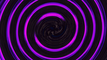 Neon light purple pink swirl circle on black background. Abstract geometric backdrop. Glitch Art trippy digital wallpaper. Ultra violet color texture. Metaverse space. Wave pattern. Cyber network. NFT