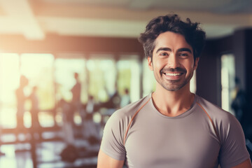 Obraz premium portrait of young muscular man resting in gym while looking at camera. Healthy lifestyle