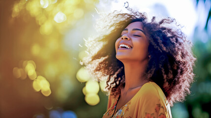 YOUNG AFRICAN AMERICAN WOMAN ENJOYING THE FEELING OF FREEDOM IN NATURE ON A SUNNY DAY. legal AI