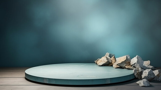 Broken stone podium decorated on light blue fabric texture luxurious background. Blank stage, platform or pedestal for display product. Made with generative ai