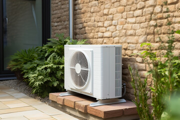 Modern air source heat pump installed beside a house with garden and stone wall background....