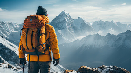 Rear view of a man at the top of a peak contemplating the snow-capped mountains