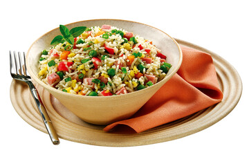 tigela com arroz oriental com ovo, presunto, ervilha, cebola e ervas isolado em fundo transparente