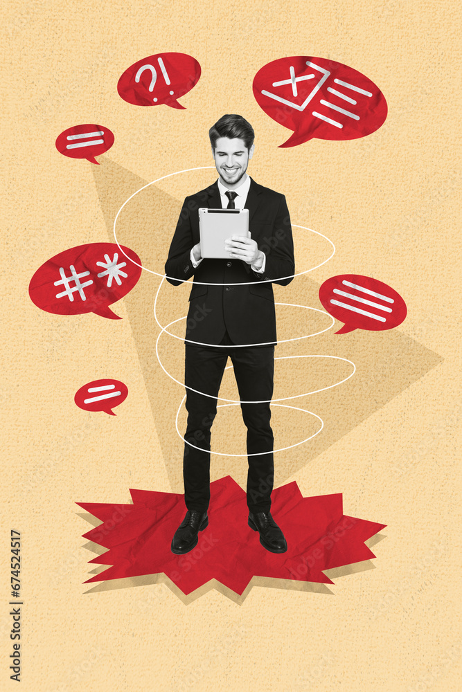Poster vertical collage image of black white effect elegant positive guy use tablet dialogue bubble chattin