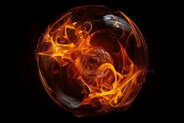 A fiery ball of light hovers seemingly suspended in the depths of darkness, casting an intense glow that lights up the surrounding blackness. Generative AI.