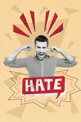 Vertical collage of unsatisfied black white colors guy fingers close ears scream suffer hate...
