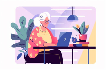Cute old woman working on laptop computer at home and shopping online. Active life, modern technology and old age concept.  illustration in flat style on white background