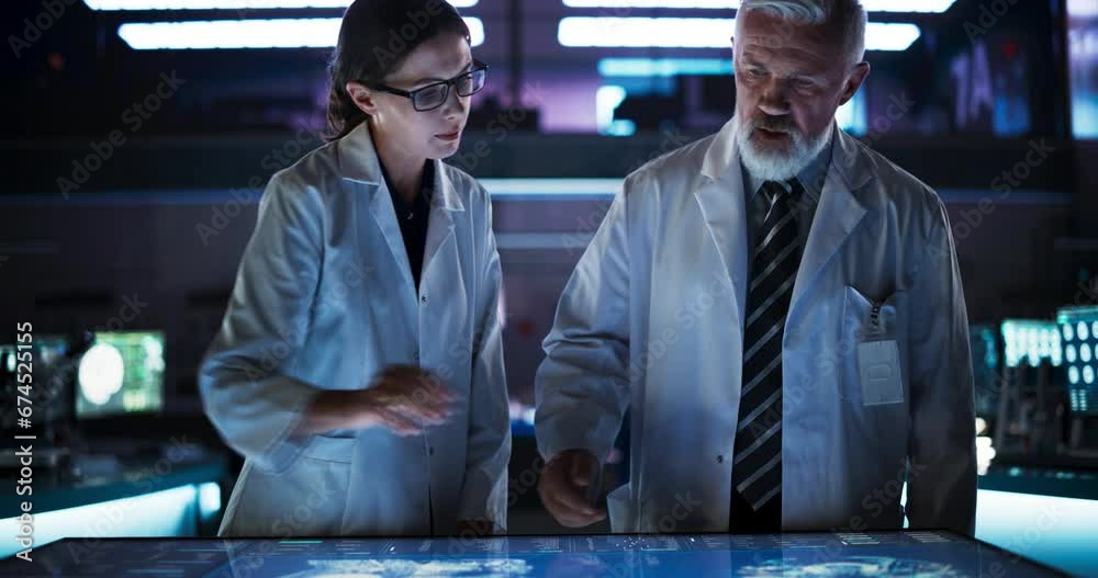Poster modern hospital medical research center: caucasian female neuroscientist and male surgeon talking, u
