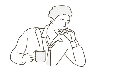 Young man in a hurry and eating on the go