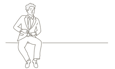 Man sitting buttoning on jacket.