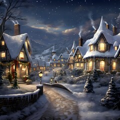 Winter night in the village. Christmas and New Year illustration. Digital painting.