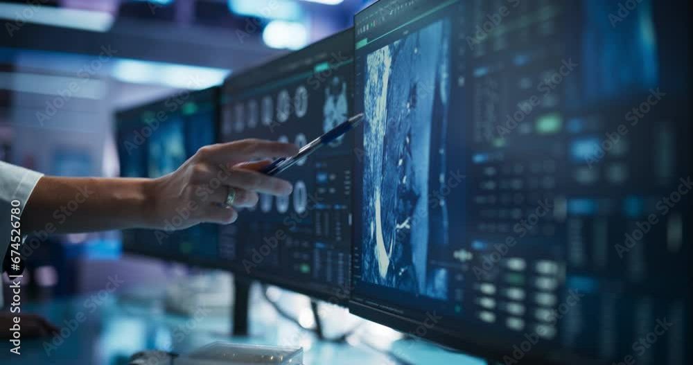 Poster modern medical research center: anonymous doctor pointing at desktop computer monitor with ct scan o