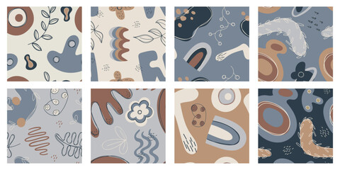 Set of simple vector seamless patterns. Abstract geometric shapes and spots.