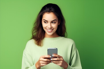 Fototapeta premium Portrait of attractive cheerful amazed girl using smartphone isolated on bright green background