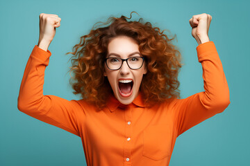photo of ecstatic lady shouting loud yeah fist up raise win lottery isolated bright shine color background - obrazy, fototapety, plakaty