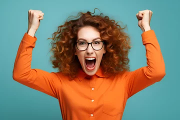 Foto op Canvas photo of ecstatic lady shouting loud yeah fist up raise win lottery isolated bright shine color background © Studio Photo AI