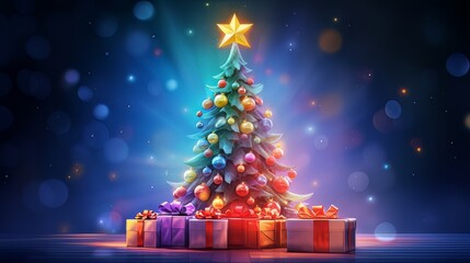 Arbol de navidad decorado con una estrella, regalos y  mucho color.