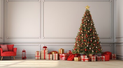 Fondo de un salon minimalista con una decoración navideña con un árbol de navidad y regalos.