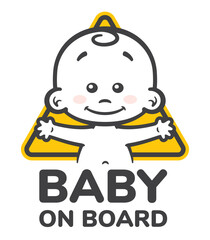 Vector yellow triangular sign with cute little boy and text - baby on board. Isolated white background.