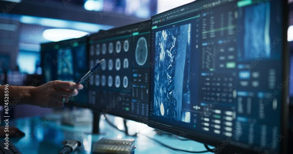 Poster modern medical research center: anonymous doctor pointing at desktop computer monitor with ct scan o
