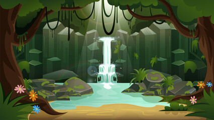 cartoon a river and waterfall, flat illustration, waterfall in green jungle forest . cartoon tropical panoramic landscape with river water falling, vector illustration